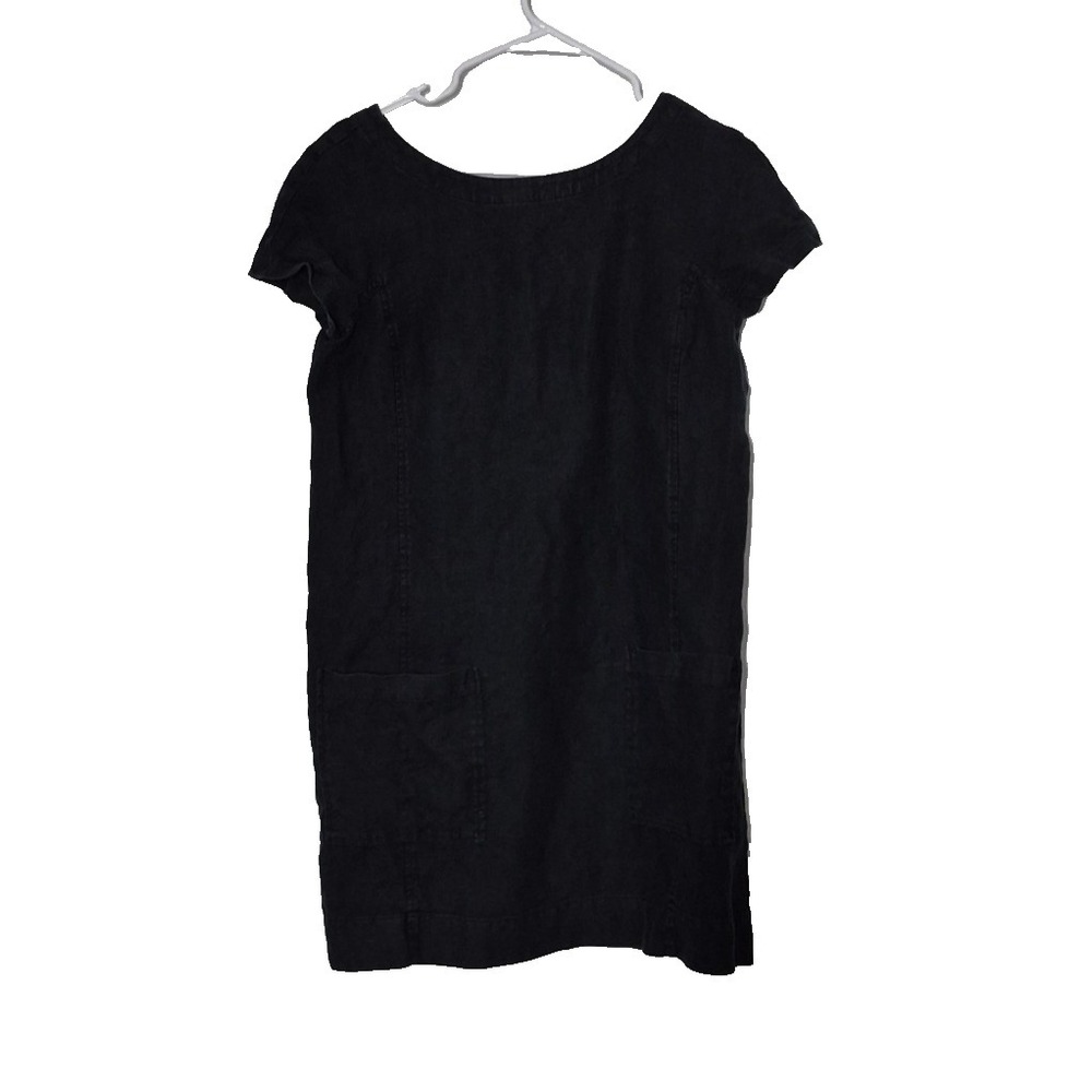 Eileen Fisher Dress Womens XS Black Linen Short Sleeve Shift Knee Length Pockets